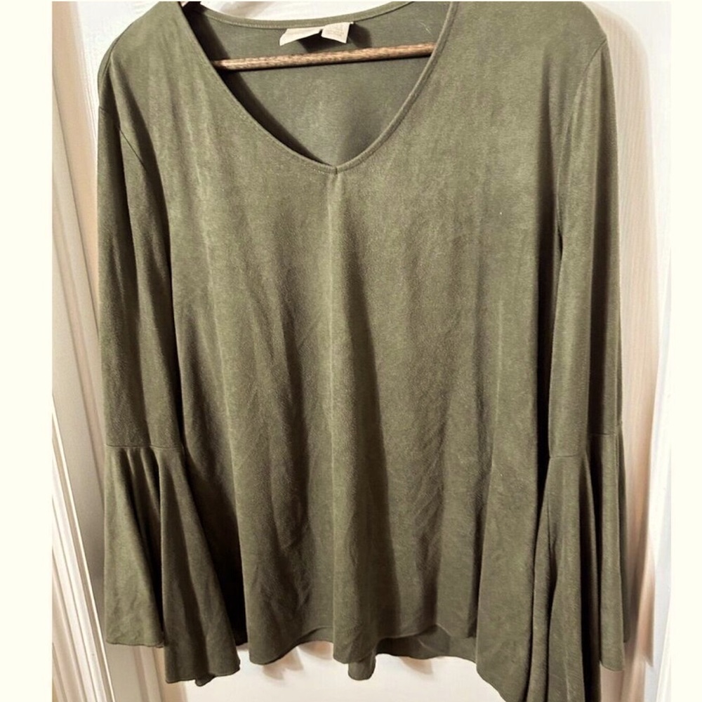 CHICO'S SHIRT Size 3 Womens Large Green Faux Suede Bell Sleeve Western